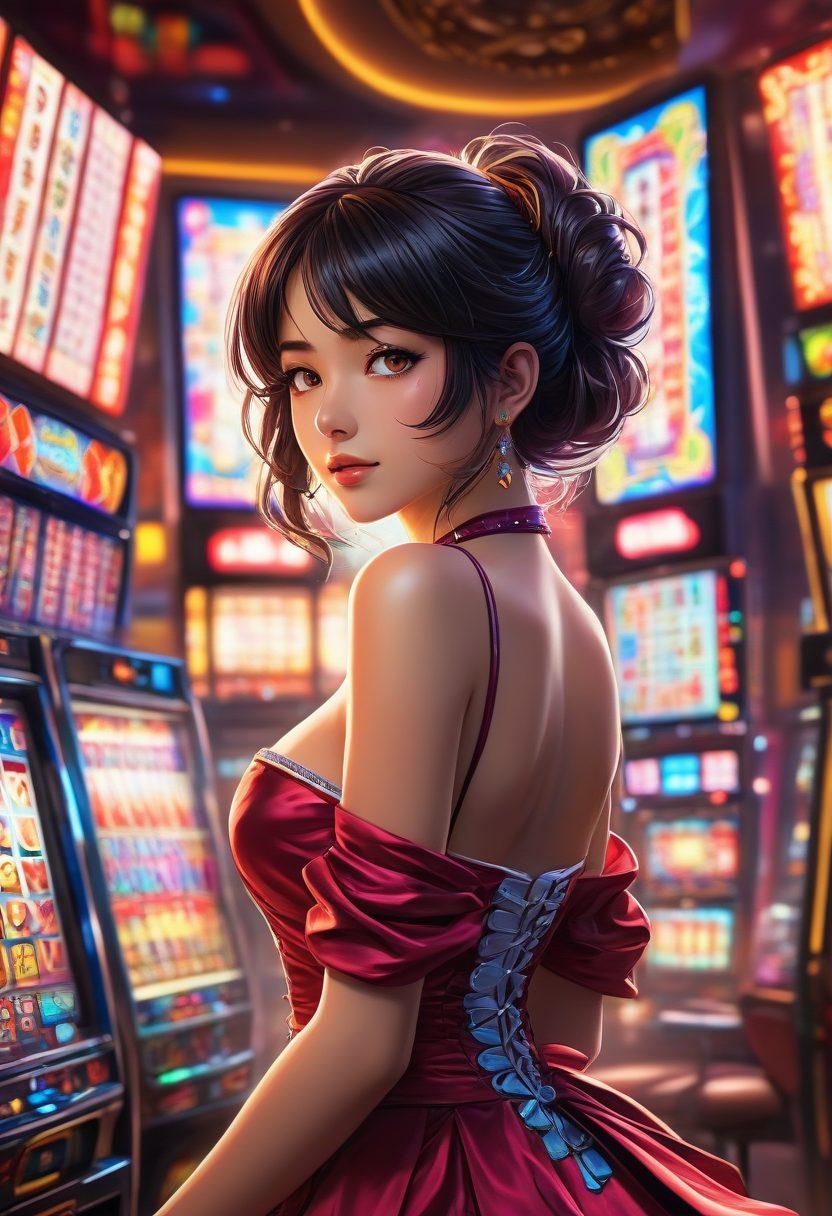 A captivating scene featuring a vibrant adult anime character engaging in a high-stakes gambling environment, surrounded by colorful playing cards and glowing slot machines. The background showcases an anime-style casino filled with neon lights, with playful, abstract patterns representing desire and excitement. Incorporate elements of fantasy and thrill, emphasizing the union of gambling and adult themes. vivid colors. anime art style.