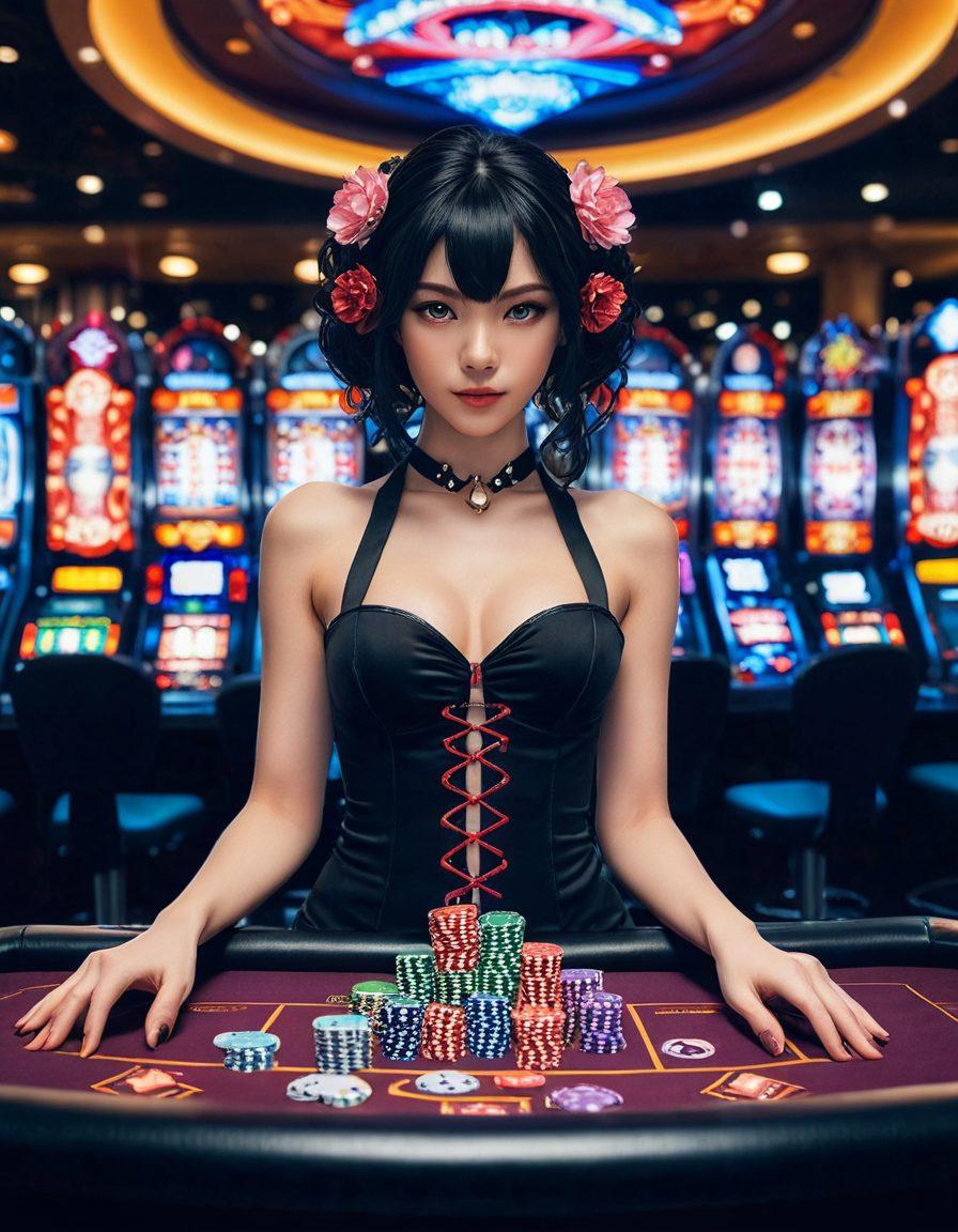 A dynamic fusion of a mesmerizing fantasy landscape depicting vibrant, colorful characters from erotic anime, surrounded by glimmering casino elements like poker chips, dice, and slot machines. The scene should convey a sense of excitement and seduction, blending the whimsical nature of anime with the high-stakes thrill of gambling, highlighted by neon lights and dramatic shadows. super-realistic. vibrant colors. high contrast.