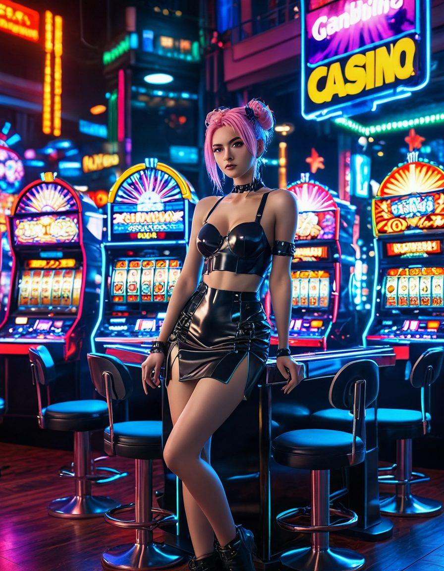 An intriguing landscape featuring bold anime characters in dynamic poses, surrounded by a lively casino environment with neon lights and vibrant slot machines. In the backdrop, a lush, surreal forest seamlessly blends with the flashing, high-stakes atmosphere of a gambling hall, creating a surreal fusion of nature and adult entertainment. Emphasize energetic colors and expressions, highlighting the excitement and thrill of the wild side. super-realistic. vibrant colors. cyberpunk.
